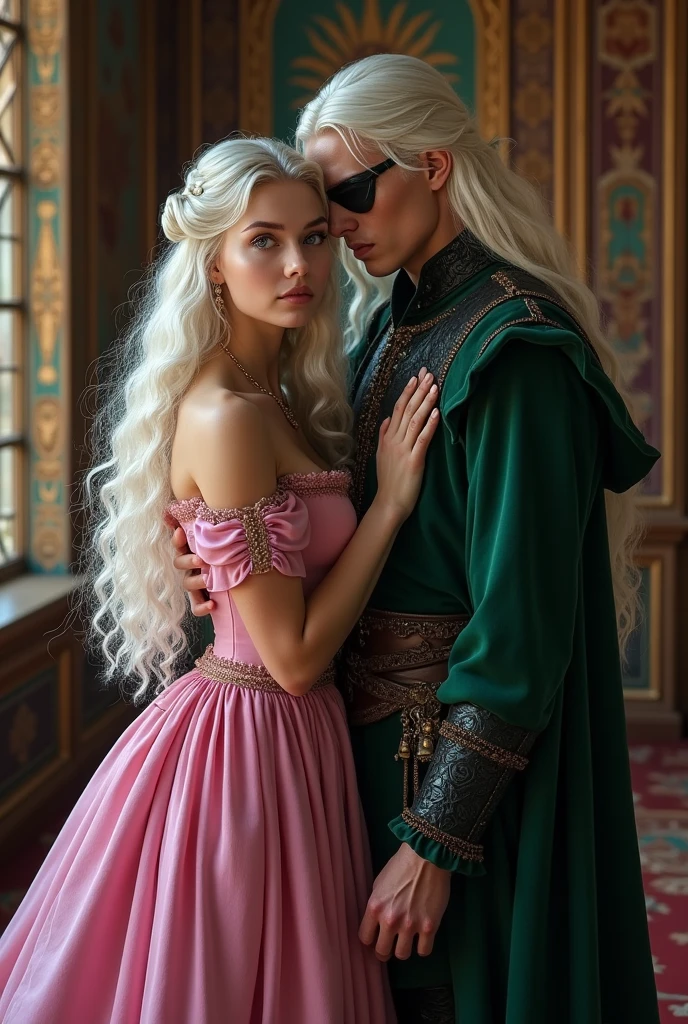 Create a very beautiful young girl with long, curly, platinum blonde hair/white and she has violet eyes and she will be wearing a pink velvet medieval dress, she will be with a man, a tall handsome young man with very long straight platinum hair and he wears a black eye patch and he will be wearing a dark green leather medieval outfit and they are together in a medieval room