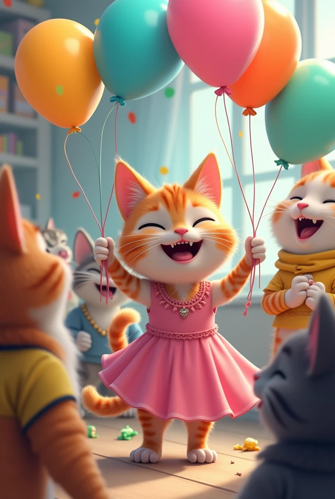 A cat at a 15th birthday party wearing a pink dress and balloons in her hand while smiling with 5 other cats ,two men and 3 women in black and yellow
