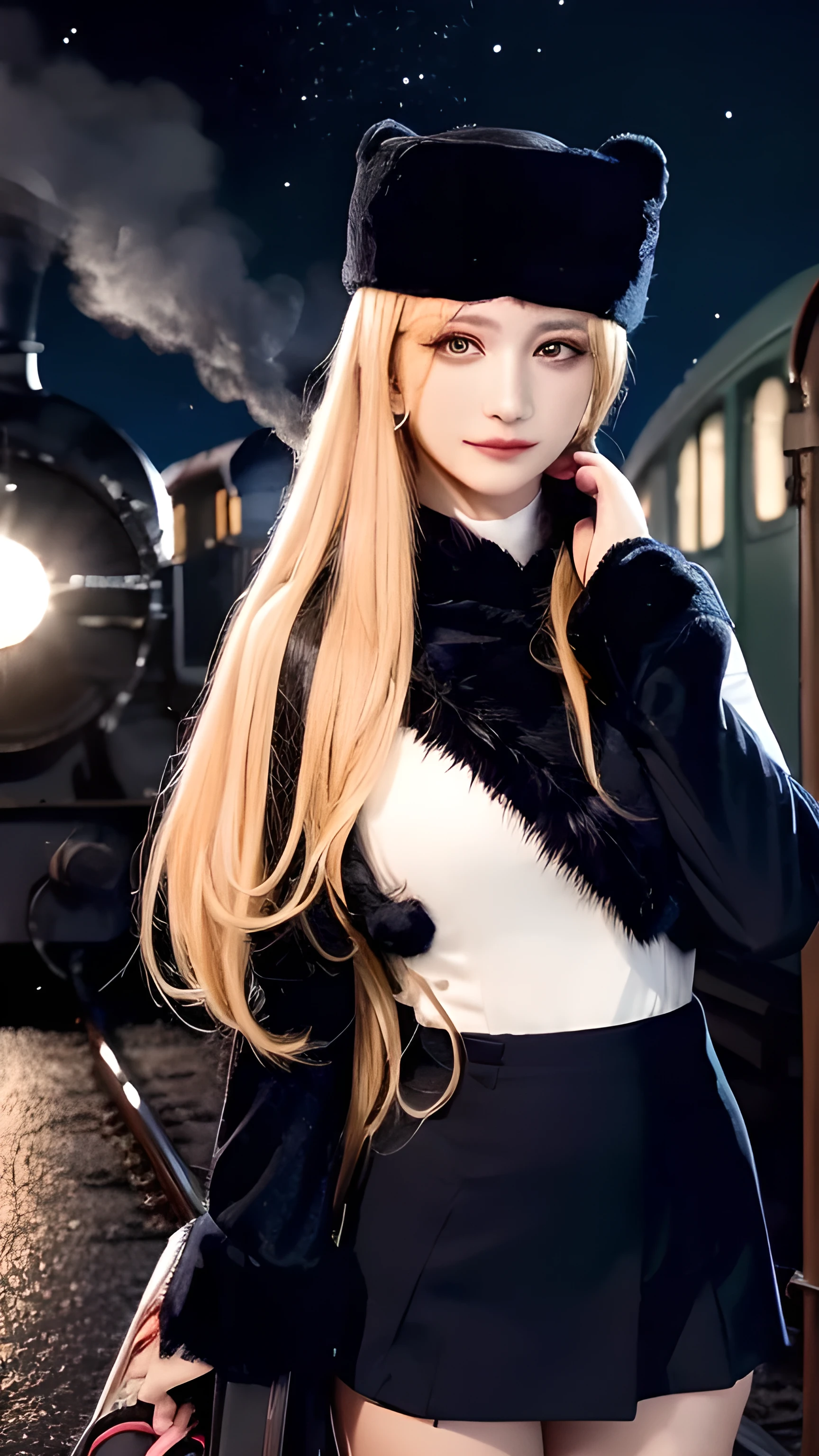 Mettel, Long hair, Blonde Hair,Fur trim, Black headdress, Fur hat, skirt,(Cowboy shooting:1.1), Yellow eyes, (luggage:1.1), steam (TRAIN STATION:1.1),Station platform, night, galaxy,999 Best Quality, Very detailed, masterpiece, absurd,8K, (Delicate eyes, Deep eyes),photoPractical, Practical,Delicate skin texture, Detailed student,HDR,
1 female,(Happy:1.1),Smile, (Angular face:1.2),Shiny face,Large Breasts, (Willow Waist:1.1), Lip makeup,Long eyelashes