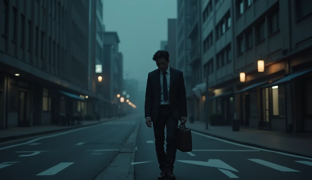 A Japanese salaryman leaving work after finishing overtime. The scene is realistic, depicting him exiting an office building late at night. The salaryman, dressed in a suit, looks tired as he steps out into the quiet night streets. The background shows dark office windows and an empty street, capturing the stillness of the late hour