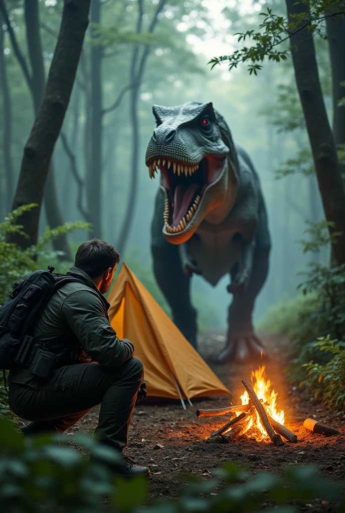 Man crouch in forest near the tent with campfire a dinosaur going to attack change the dinosaur type again