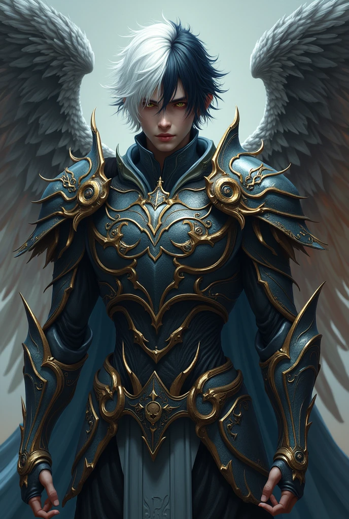 Gender male A hybrid between a demon and an angel where his hair is white with black and he has angelic and demonic armor
