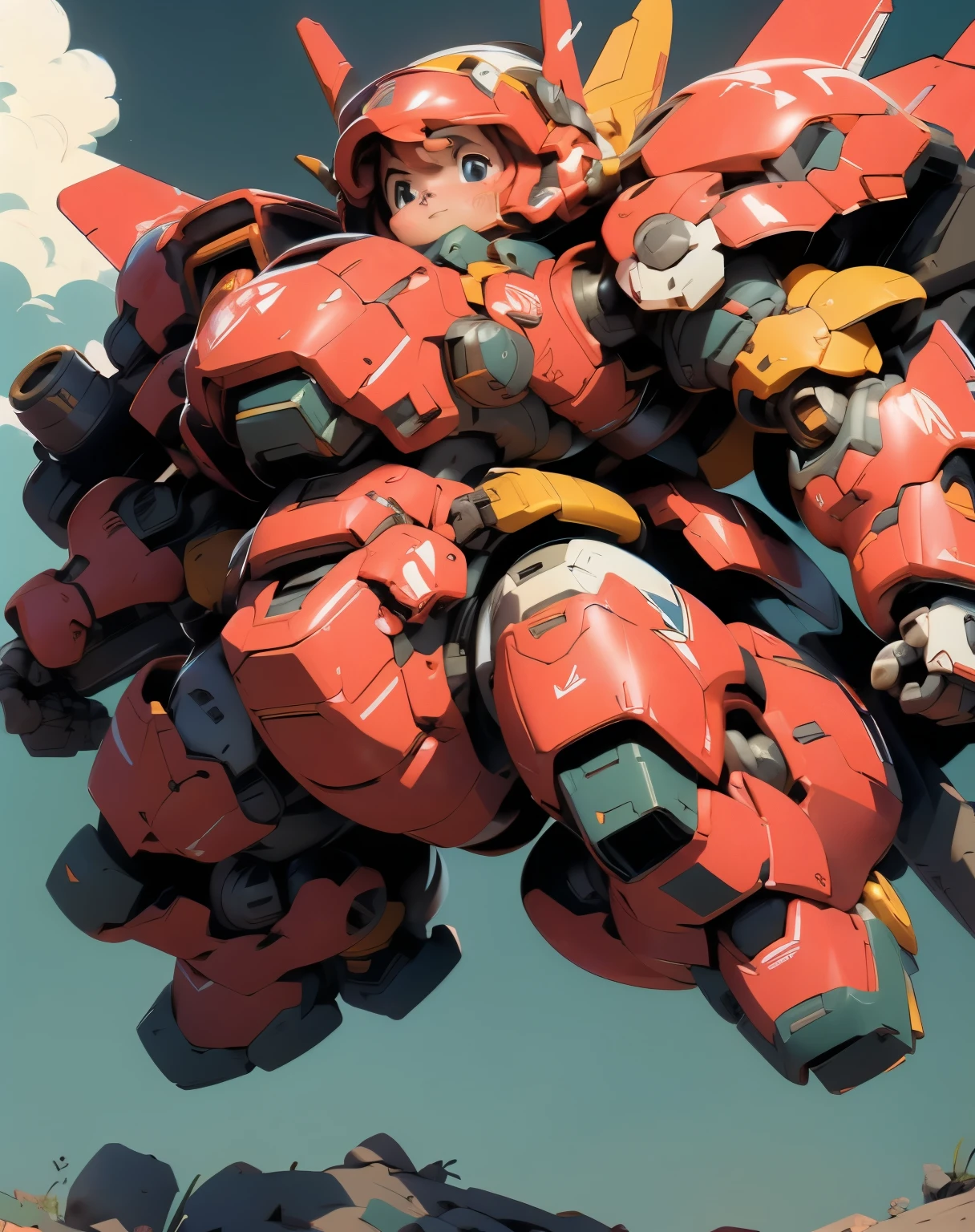 (((1 chibi girl in large red-colored robot costume, from below))), (holding weapons), (((helmet:1.5))), (((looking down:1.4))), ssmile, (chibi), (bulky:1.5), large cute face, mechanical parts, ((mechanical wings)), (full armor:1.8), (mecha armor:1.8), (shoulder guards:1.2),(huger arms), ((mechanical arms:1.5)), (short legs), (huger body:1.8), (heavy equipment:1.6), (from below), (headgear), blue sky, white clouds, robot joints, becoming a mecha, mecha, (RARS), (HRS), ROBOTANIMESTYLE, BJ_Cute_Mech,cute, girl BREAK ((masterpiece)), vibrant colors, 8k, best quality, ultra detailed illustration, ((best quality)), ((high resolution)), flawless skin textures, shiny oiled skin, extremely detailed anime eyes , extreme light and shadow,
