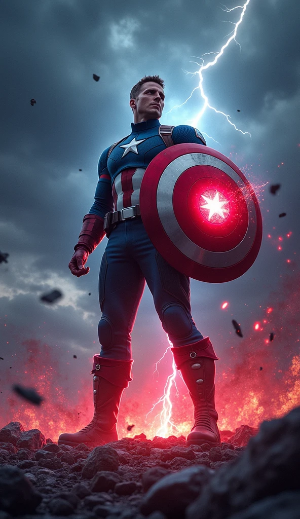 Depict Captain America in a powerful, dramatic scene where a fragment of the Reality Stone fuses with his iconic shield. The image should capture the moment of fusion with intense energy radiating from the point of contact between the stone and the shield. The Reality Stone, glowing with a vibrant and ominous red light, should be merging into the center of the shield, causing red and blue energy to swirl and intertwine around it. Captain America stands at the center of the scene, his expression a mix of determination and awe as he grips the shield tightly. His stance is strong and grounded, as if bracing against the surge of power. The background features a stormy sky, dark clouds swirling with flashes of lightning, reflecting the turmoil of the transformation. The ground beneath him cracks and splinters, with debris being pushed outward by the force of the energy. The shield itself should be illuminated with a glowing aura, and the red from the stone should contrast sharply with the
