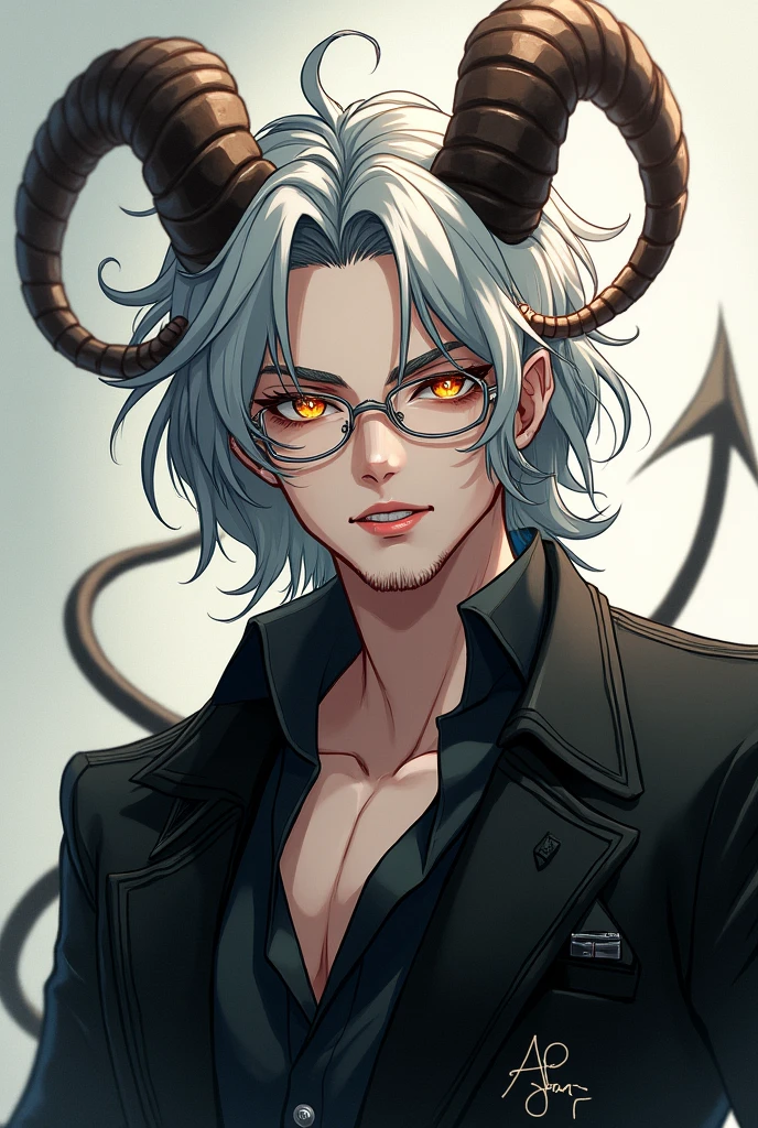A male demon with fair, pale skin. He has bright, golden eyes and sharo teeth. He has wavy to curly grey hair, about ear length. He has curled horns sprouting from the sides of his head, and a thin tail from his back. He wears glasses, and has a flirty expression on his face. 
The art is not realistic.
