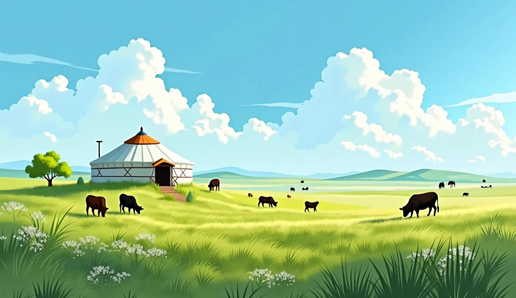 Green savannah,The white yurt is small in the distance,There are herds of cows grazing nearby,The blue sky is full of white clouds,Illustration texture