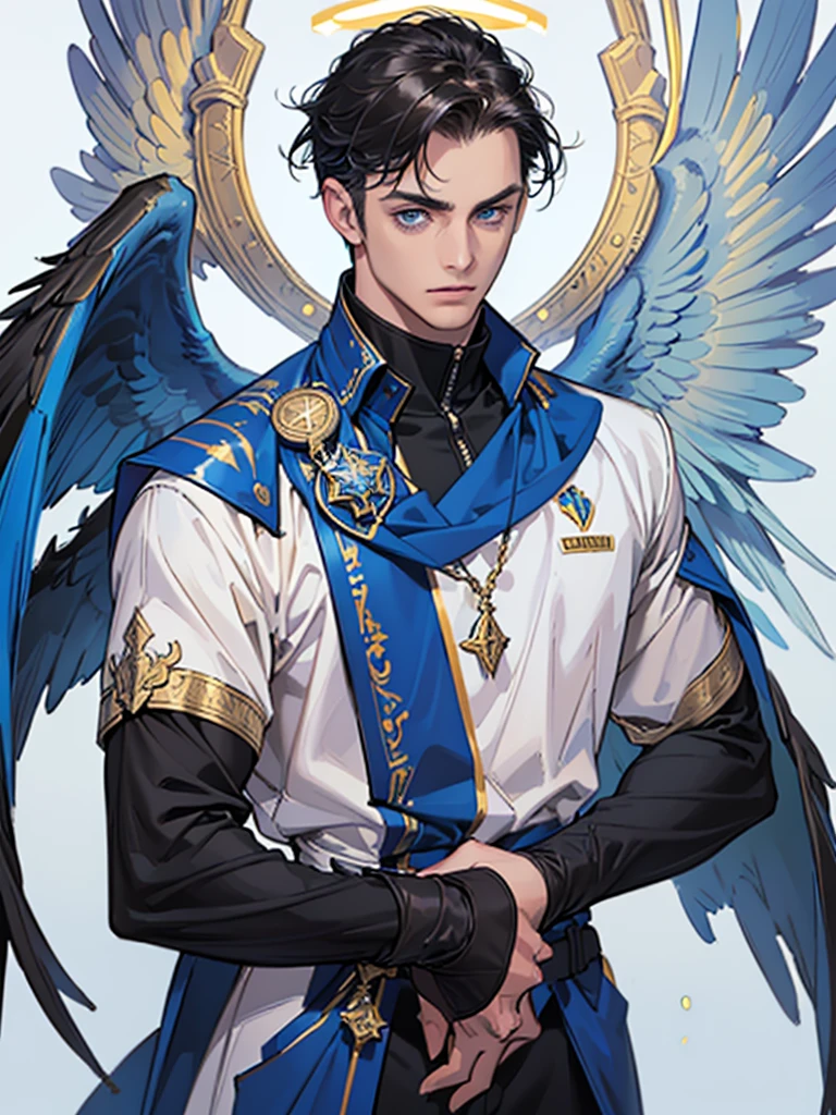 ((maximum quality, art, 4K, finely detailed, detailed eyes, detailed face, pixiv)), warm lighting, ((alone)), 1 man, handsome, masculine, handsome mature adult man, broad shoulders, close face ((short black hair, bangs in the eye, halo), portrait, gentle face looking at the viewer, ((calm eyes, half-covered, blue eyes with white pupils)), wearing petro suit, blue and gold, with blue wings) , city background in angelic tones