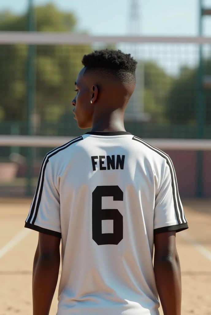 best qualityer:1.4), (ultra high resolution:1.2), (photorrealistic:1.4), (8k, CRU photo:1.2), ung black man, 20 years old. He is wearing a white shirt with black stripes on the sleeve.. On the back there is the number 6 and the name "ALYSSON" fenn. He's wearing black shorts. Corte de cabelo buzzcut. thin build. It's on a volleyball court.