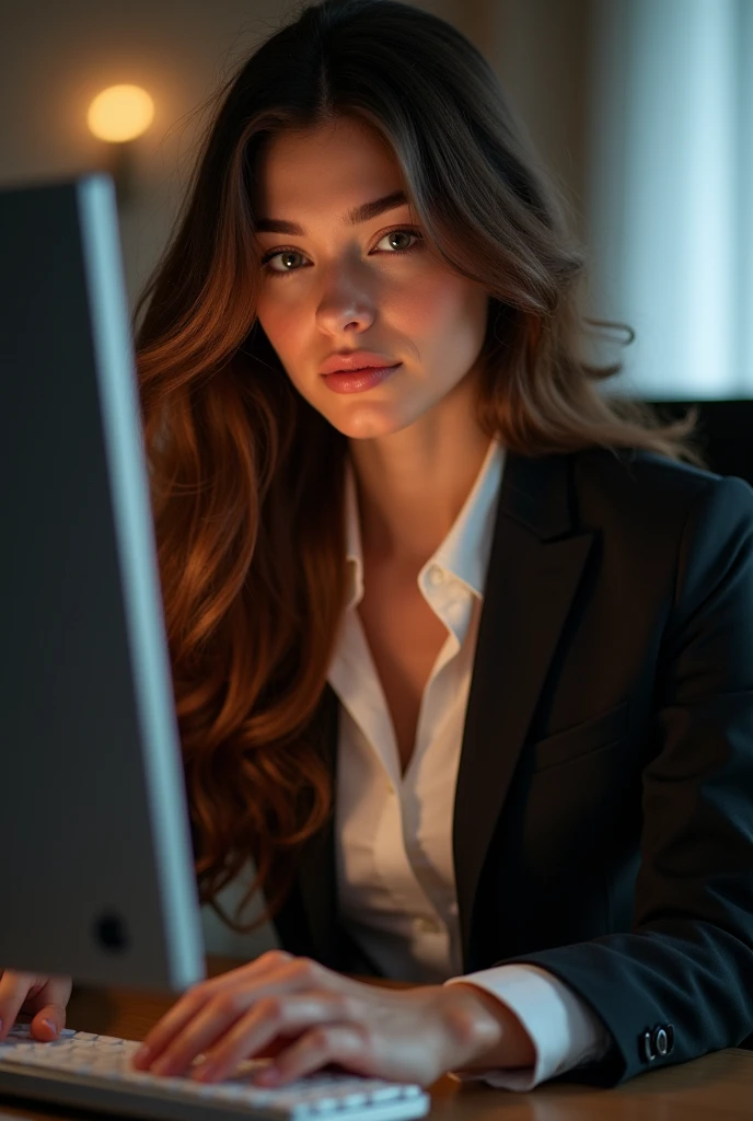 a beautiful girl with wavy brown hair, detailed eyes, nose, and lips, wearing professional attire, sitting in his office, using your computer, hp computer (Best Quality,4k,8k,High resolution,masterpiece:1.2),ultra detailed,(realist,photorealist,photo-realist:1.37),HdR,studio lighting,extremely detailed face and body., portrait,cinematic lighting,dramatic lighting,warm color tones,dramatic colors