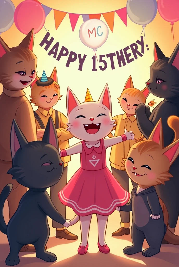 A cat at a 15th birthday party wearing a pink dress while smiling with 5 other cats ,two men and 3 women in black and yellow 
