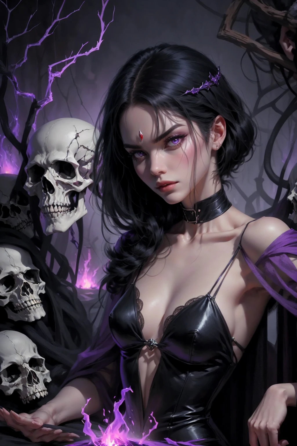 {-erro_de_anatomia:1.0} woman 30 years old, witchcraft, magician,magic clothes, where poison potions and vines abound, a woman (ruthless), short black hair (black hair), (bangs), (purple eyes), looks at you amidst a pile of bones and skulls. Indifferent look , merciless. among the skulls, dancing witk a demon, Angry face, dinamic poses, egoist smile,