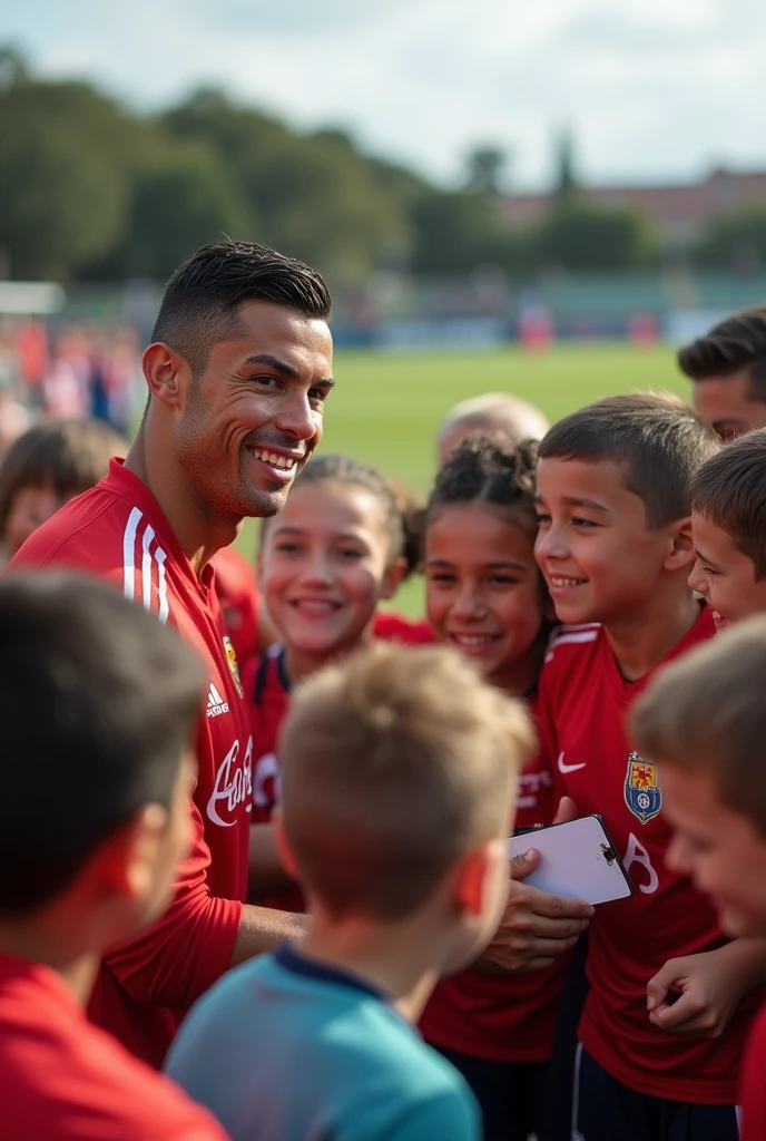 **Ronaldo et les Enfants** :
"Cristiano Ronaldo interagissant avec des enfants sur le terrain, leur signant des autographes et prenant des photos. Son visage est chaleureux et amical, montrant son côté accessible. Mots clés : Cristiano Ronaldo, enfants, interaction, accessible, sourire."