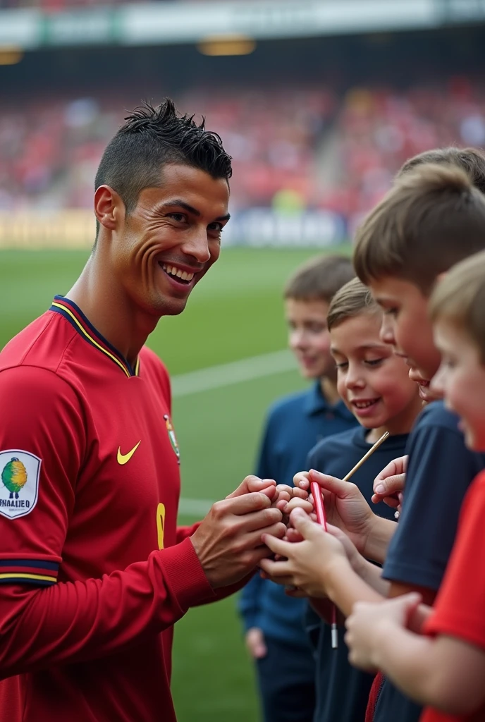 

**Ronaldo et les Enfants** :
   "Cristiano Ronaldo interagissant avec des enfants sur le terrain, leur signant des autographes et prenant des photos. Son visage est chaleureux et amical, montrant son côté accessible. Mots clés : Cristiano Ronaldo, enfants, interaction, accessible, sourire."