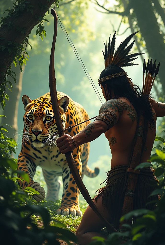 Jaguar attacked by an arrow from an Indian in a jungle