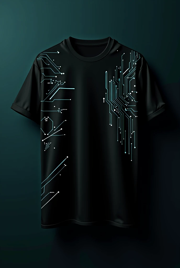 Black t-shirt design with light turquoise details related to systems
