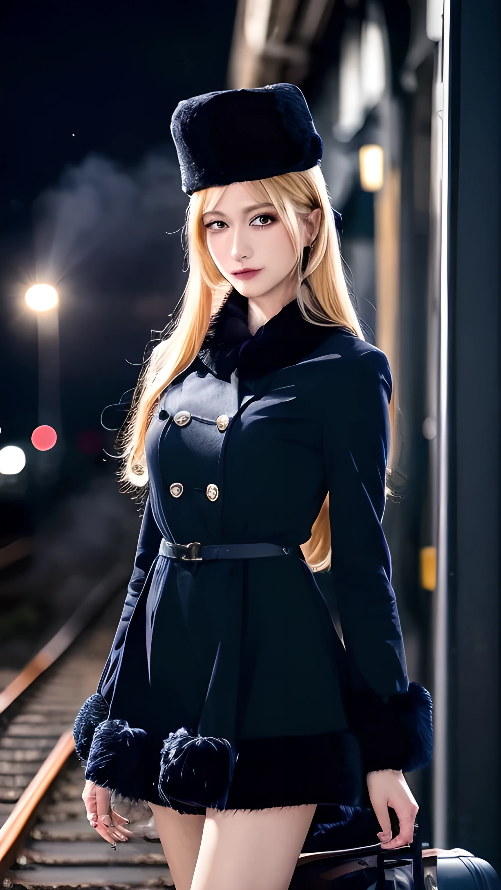 Mettel, Long hair, Blonde Hair,Fur trim, Black headdress, Fur hat, skirt,(Cowboy shooting:1.1), Yellow eyes, (luggage:1.1), steam (TRAIN STATION:1.1),Station platform, night, galaxy,999 Best Quality, Very detailed, masterpiece, absurd,8K, (Delicate eyes, Deep eyes),photoPractical, Practical,Delicate skin texture, Detailed student,HDR,
1 female,(Happy:1.1),Smile, (Angular face:1.2),Shiny face,Large Breasts, (Willow Waist:1.1), Lip makeup,Long eyelashes