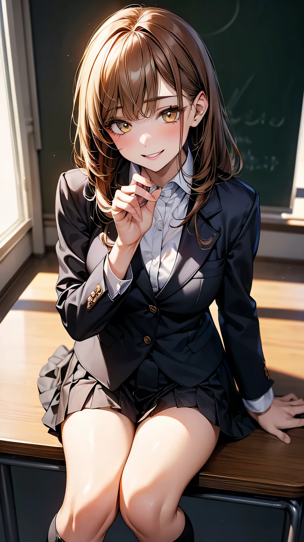 4K resolution,((Highest quality)),Ultra-high resolution,young woman, alone, sexy, (A fleeting smile), (Pale yellow eyes), Beautiful and symmetrical face, (Brown set medium hair),Blazer uniform,Dress shirt,Pleated mini skirt,Knee-high socks,Realistic:1.4,Realistic:1.4,(masterpiece:1.2),Perfect Eyes,Perfect Eyes,Perfect Legs,classroom,(Fellatio gestures:1.1),(Open your mouth:1.2)