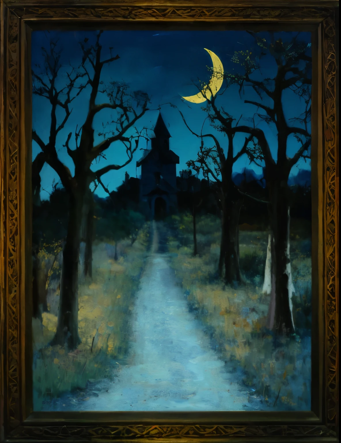 An masterpiece oil painting, high detail, palette knife thick brushstrokes, of a dark dense forest, bare tree. barren tree, leaves, pathway into a castle, dark blue skies, yellow hay field grass, crescent moon in the sky