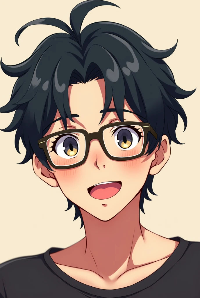 cute anime guy with black messy hair and glasses on, also a cute blush oh his cheeks and a flirty smile
