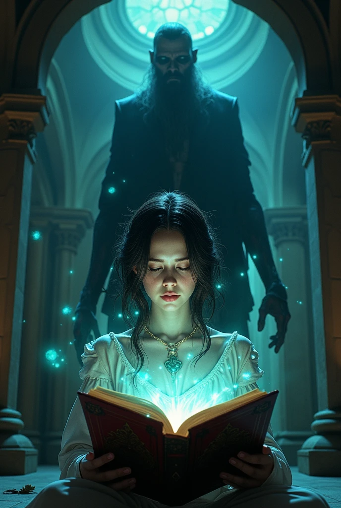 A magical horror girl reading a flying book, beautiful lightning, a zombie man, detailed facial features, hyper realistic, cinematic lighting, dark fantasy, moody, dramatic, chiaroscuro, deep shadows, glowing magical effects, intricate details, ornate gothic architecture, rich colors