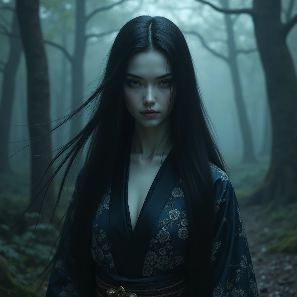 dark techno,cyberpunk,「A realistic depiction of a Japanese goddess, 不気味な美しさとAnxious存在感を醸し出す. She is elegant, pale, Perfect skin and long, Flowing black hair that blends in with the surrounding shadows. Her kimono is exquisitely crafted down to the last detail., dark, Calming deep blue and black tones, Delicately decorated, Ominous patterns suggesting a connection to the supernatural. Her eyes are captivating, with a cold, A distant gaze that hints at ancient, mysterious powers. The setting was foggy, Ancient forest or shrine, A place with an oppressive atmosphere and an unknown sensation.. soft, 薄dark光が木々Plug in from between, It casts an eerie shadow around her, almost as if she were alive.. The overall scene is striking yet beautiful., Capturing the essence of a captivating and fearsome goddess, Rooted in Japanese tradition、Anxious, Otherworldly aura.&References;Make the whole body visible, More realistic, With three eyes