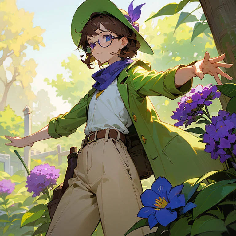 (Masterpiece, best quality), detailed, 1girl focus, 1 gardener woman, dynamic pose, slight smile, pale skin, indigo blue eyes, glasses, rounded square brown lenses, short dark brown curly hair, lavender flower, flat chest, green garden hat, green gardening hat, a lavender flower in the hat, a small purple scarf around the neck, white shirt with a green jacket over it, brown pants, Ecofashion, Ecopunk, Ecology, Earthy clothing, gardening clothing, gardening, garden, Solarpunk, Solarpunk reference, Solarpunk inspired, gold details, pastel purple, green and brown color palette for the clothes