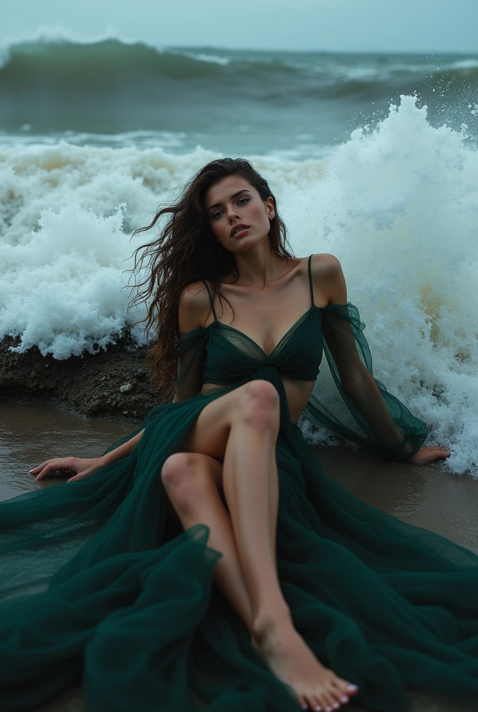 Slim supermodel in a sheer haute couture dress lying on the breaking waves on a rainy afternoon at the beach, with the wet dress clinging to her body.
