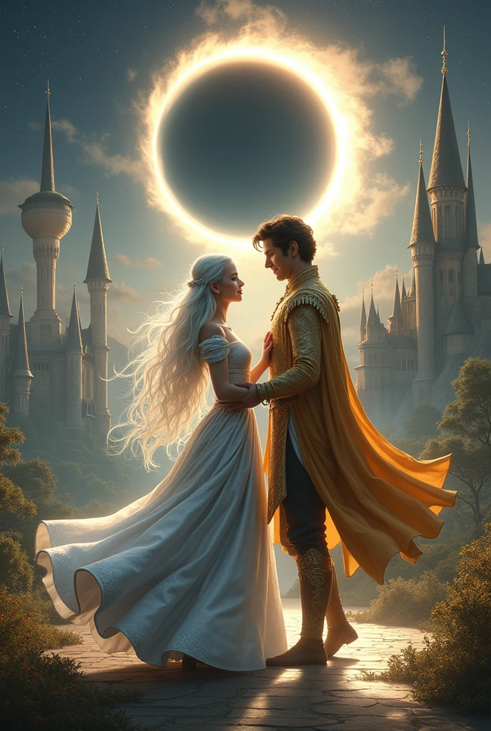 draw, young princess white long hair and silver dress tons of grey, young prince brown hair golden clothes, dancing, fantasy kingdom, eclipse solar