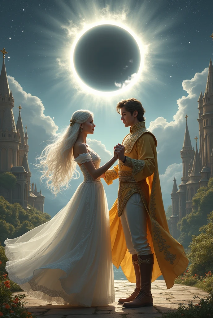 draw, young princess white long hair and silver dress tons of grey, young prince brown hair golden clothes, dancing, fantasy kingdom, eclipse solar