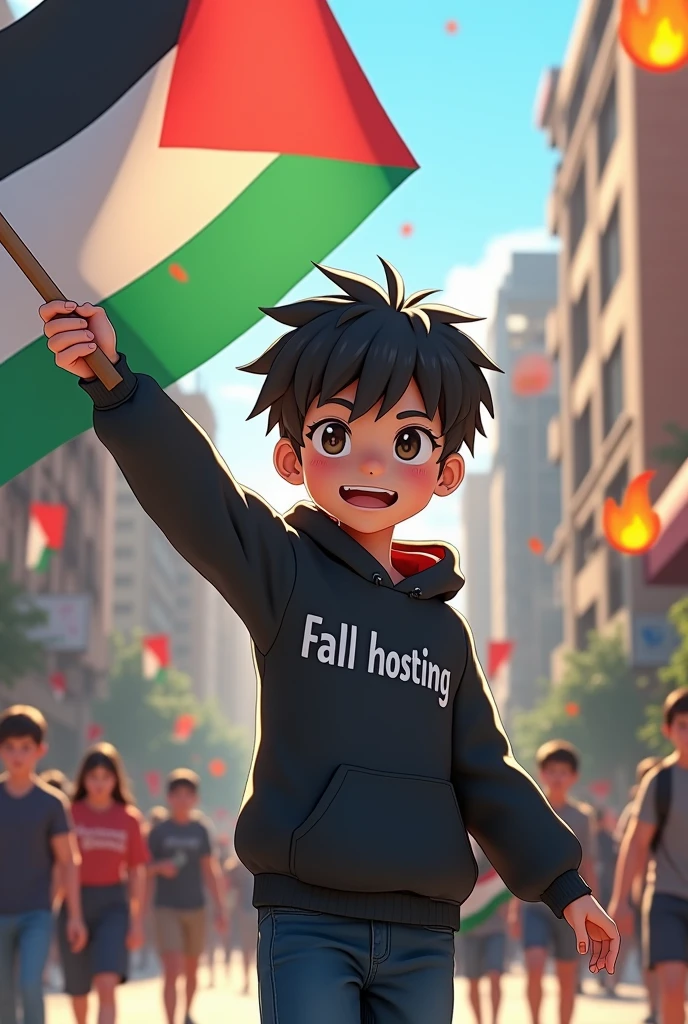 3d anime boy waving the Palestinian flag and defending Palestine background on the street during a democracy wearing a hoodie with the words FALL HOSTING 3d hd parah🔥🔥👹👺🇵🇸🇵🇸