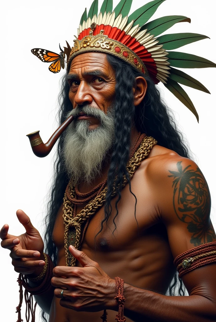 (Masterpiece artwork, high qualiy, best qualityer, offcial art, beautiful and seductive aesthetics: 1.2) detailed, (curriculum: 1.4, Fractal Art: 1.3), (Bblack hair: 1.1), Destiny \ (series \), Indian, close to old age, Bblack hair, longye hair, braided hair, tribal body paintings, eyes browns, black beard sawed on the face, old body, old strong, naughty man, pinturas Indigenous no corpo, Cords, fully body, seed cord, Wise Posture, smoking a pipe, cachimbo Indigenous, feather headdresss, green headdress, red and white, feather headdress, Indian brasileiro, whole image do cocar, white background, naughty man, a moth in the hair, serrated beard, naughty man, Indian, Indigenous, fully body,whole image, white background, whole image, fully body