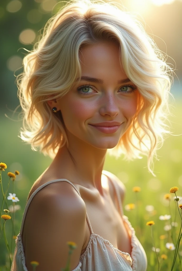 A pretty girl with short blonde hair and a nice front condition