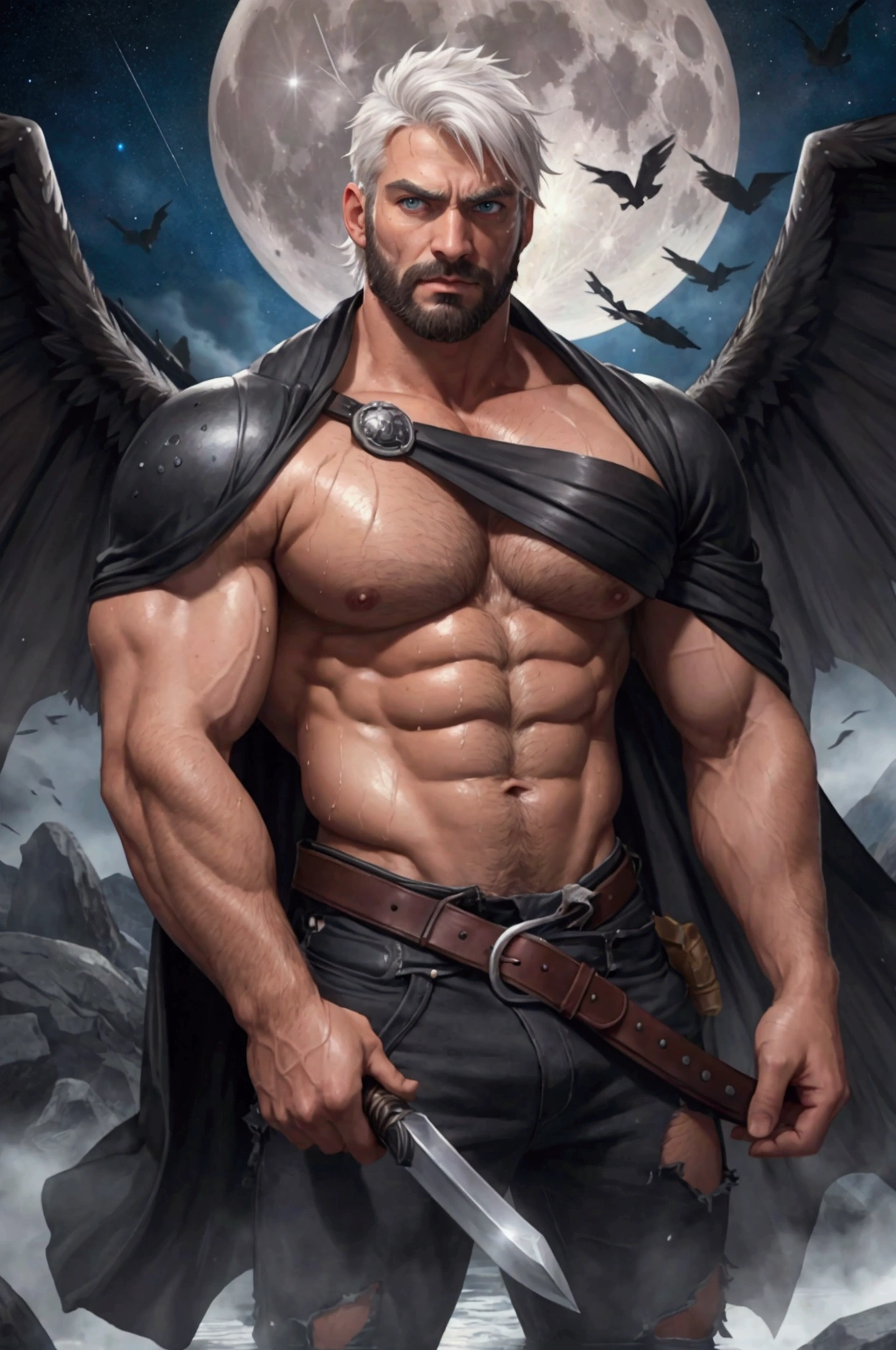 It has large black wings、Macho man holding a sword、Short Hair、White hair, blue eyes、manly、There is a wound on the body、Brown skin、Torn clothes、Beardless face、Hairy、Pectoralis major、Abdominal muscles、Your body is wet、Highest quality、high resolution、Mysterious Space、looking at the camera、full moon、A devastated battlefield