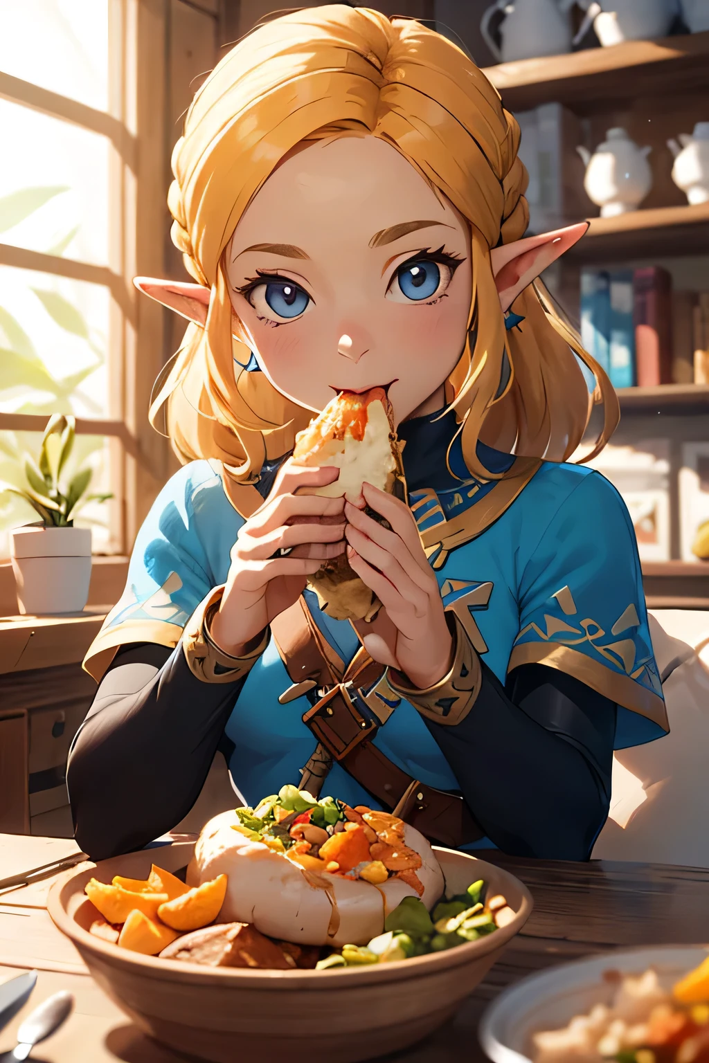 ((melhor qualidade)), ((obra de arte)), (detalhado), 1 garota, suéter ombro a ombro, A cartoon image of the princess Zelda from the game The Legend of Zelda: Breath of The Wild eating some food with hunger. Cute and Very Cartony style