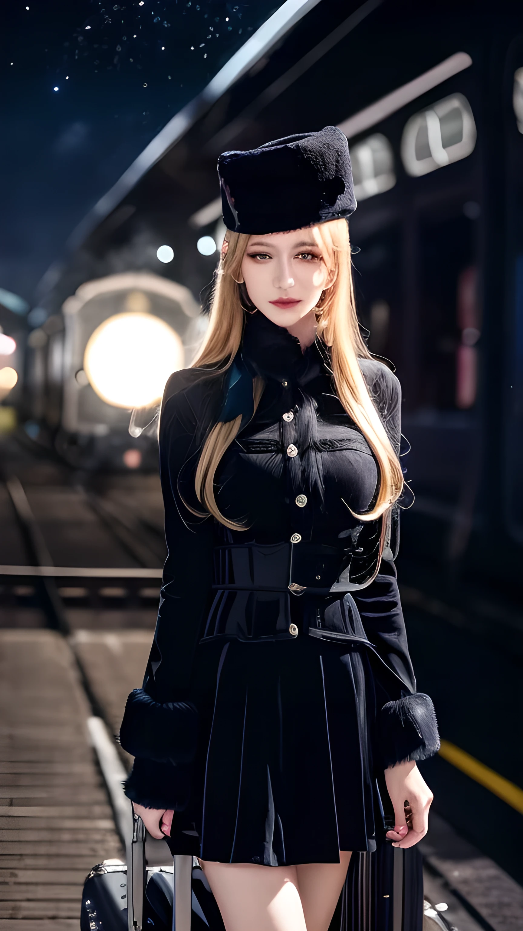 Mettel, Long hair, Blonde Hair,Fur trim, Black headdress, Fur hat, skirt,(Cowboy shooting:1.1), Yellow eyes, (luggage:1.1), steam (TRAIN STATION:1.1),Station platform,  night, galaxy,999 Best Quality, Very detailed, masterpiece, absurd,8K,   (Delicate eyes, Deep eyes),photoPractical, Practical,Delicate skin texture, Detailed student,HDR,
1 female,(Happy:1.1),Smile, (Angular face:1.2),Shiny face,Large Breasts, (Willow Waist:1.1), Lip makeup,Long eyelashes