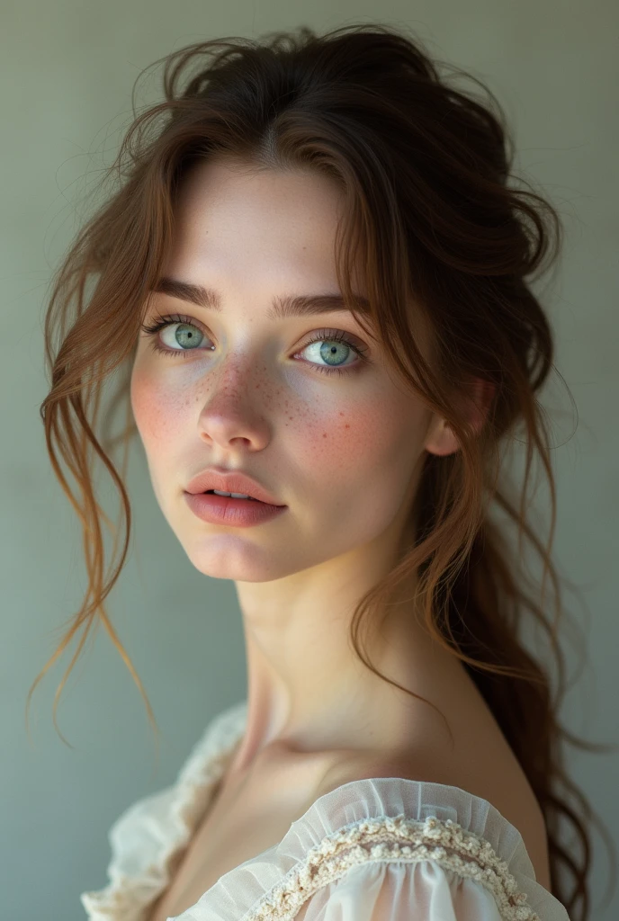 Young woman. 
Brown hair, green-blue eyes, very fair skin and pink lips