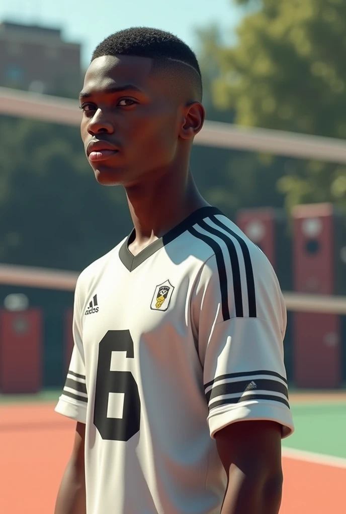 best qualityer:1.4), (ultra high resolution:1.2), (photorrealistic:1.4), (8k, CRU photo:1.2), 1 young black man, 20 years old. He is wearing a white shirt with black stripes on the sleeve.. On the back there is the number 6 and the name "ALYSSON" fenn. He&#39;s wearing black shorts. Corte de cabelo buzzcut. thin build. It&#39;s on a volleyball court. 