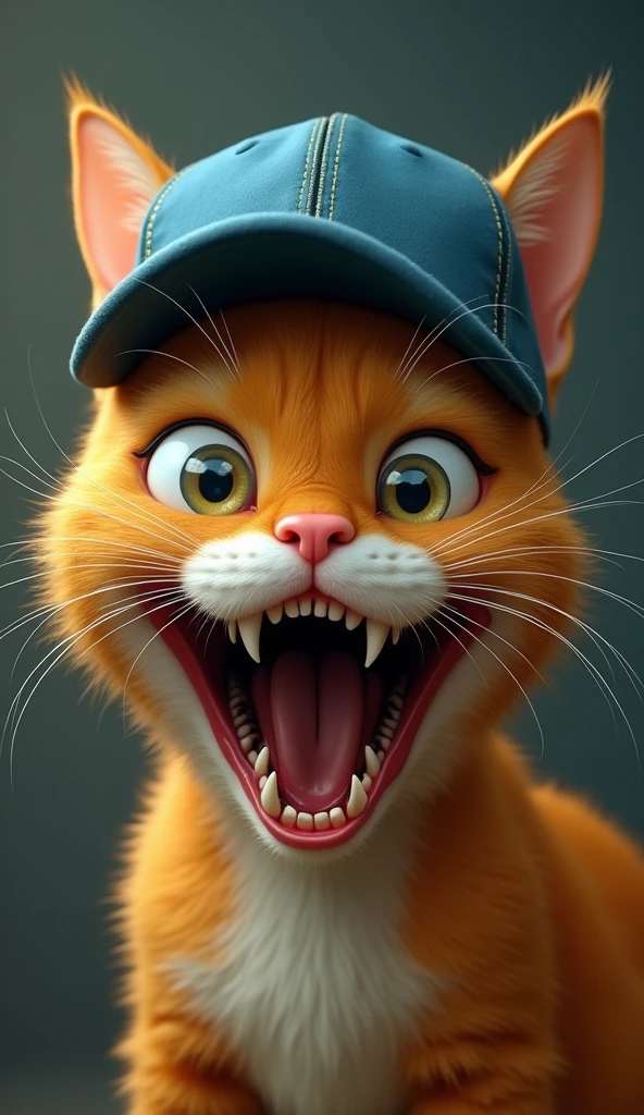 Create an image that depicts an orange cat with an exaggerated, almost cartoonish appearance. The orange cat is wearing a blue baseball cap backwards. Its eyes are very large and wide open, giving it a crazed or very intense mischievous expression. The orange cat's teeth are prominently displayed in a wide, unsettling grin, with sharp, pointed canines that are more exaggerated than those of a typical cat. The overall look of the orange cat is somewhat humorous but also a bit unsettling, with a hyper-realistic yet distorted facial expression.