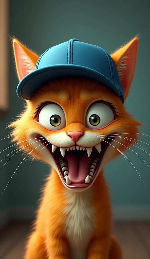 Create an image that depicts an orange cat with an exaggerated, almost cartoonish appearance. The orange cat is wearing a blue baseball cap backwards. Its eyes are very large and wide open, giving it a crazed or very intense mischievous expression. The orange cat's teeth are prominently displayed in a wide, unsettling grin, with sharp, pointed canines that are more exaggerated than those of a typical cat. The overall look of the orange cat is somewhat humorous but also a bit unsettling, with a hyper-realistic yet distorted facial expression.
