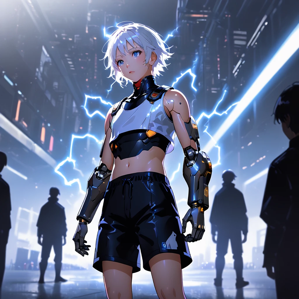 anime girl, pretty, short hair, white hair, crop top, boys shorts, futuristic girl, background with rays of electricity