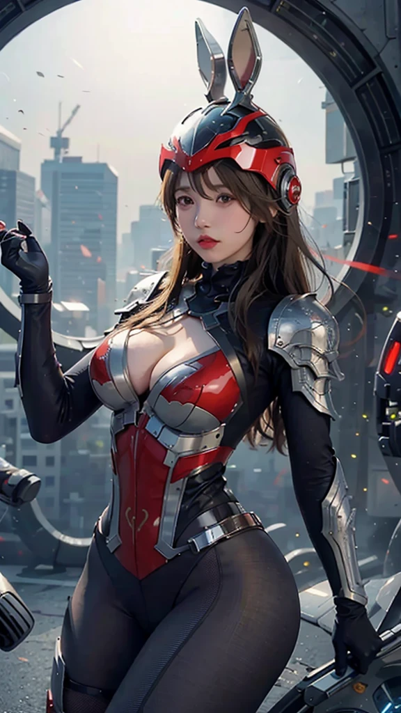 1girl,perfect body, big chest , wearing a tights red armor, futuristic armor, wearing a futuristic helmets, helmet have ear like rabbit, 