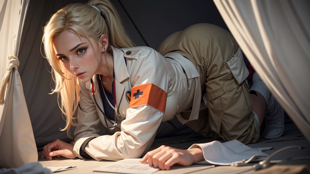 a female military doctor, long blonde hair ponytail, white medical suit with red spots, in the background a medical tent scene with some stretchers