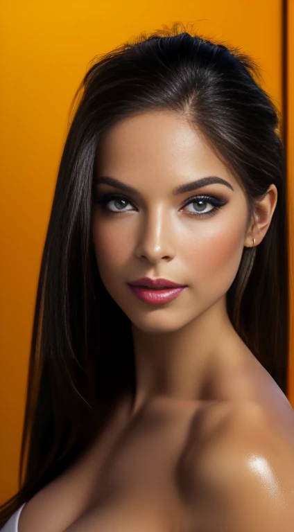 ((best quality, high resolution), (half body:1.2), professional, photographer, woman), (makeup), (perfect lighting), (frontal image), (bright colors), half-length photograph of a muscular, big-breasted woman posing with oily skin looking directly at the camera.