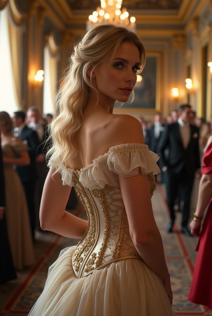Blond woman, wearing hobble corset, in royal wedding