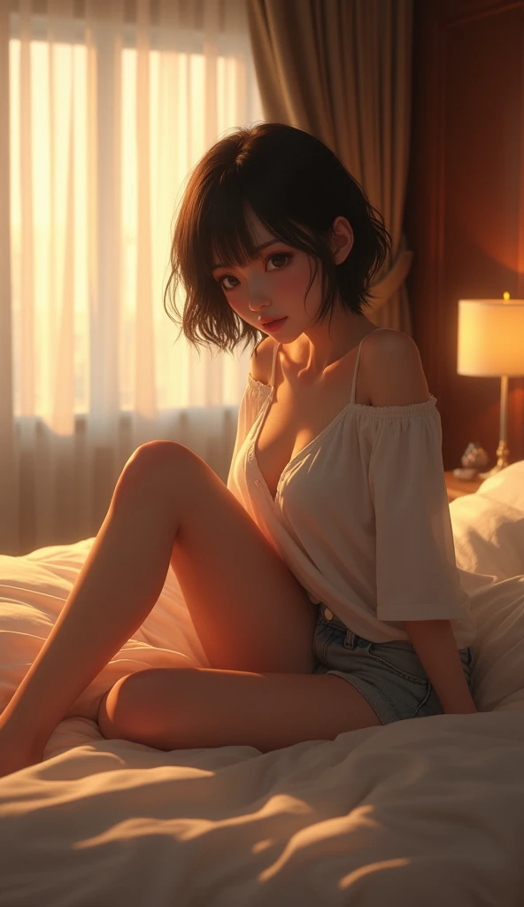(1girl, Japanese, 4, short black hair, (sitting on bed, legs apart:1.2), luxury city hotel room, (cozy lighting))