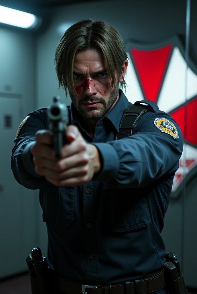 faithful image of actor Josh Holloway without a beard and dressed in costume "Leon kennedy" from the game "Resident Evil 2 remake", He has a gun in his hand and points it forward, serious face, detailled image, he is inside a closed private room with ultra futuristic LED light, has a logo "umbrella" on the wall, there is an Umbrella corporation logo behind it, his face is covered in blood, he holds a pistol with both hands, , he&#39;s shooting a zombie, high resolution
