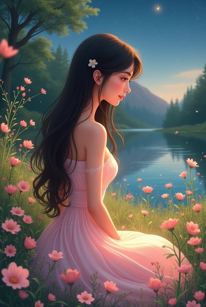 A beautiful princess, dark brown straight hair, with a beautiful landscape and flowers, all in pastel pink colors, with star background, that everything is Disney style 