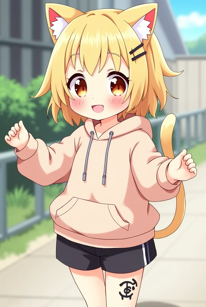 (masterpiece), (highest quality), (illustration), (super detailed), (high resolution), absurdity, one girl, (kagamine-rin), (vocaloid), smile, short hair, hair clip, (hoodie with cat ears), wearing a hoodie hat, moe sleeves, blush, black shorts, (blonde), (tattoo of the number 02 on the left arm), very cute girl, small, young, delicate, Outdoors, attention to girls