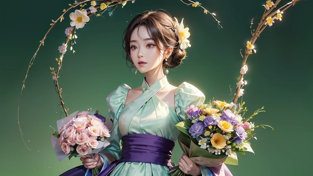 N, 1 personの, (bouquet:1.3), (Tangled:1.2), (幾何学的N:1.2),(colorful),(masterpiece, quality, best quality, Official Art, Beautiful and beautiful:1.2), (1 person:1.3), Very detailed,(colorful:1.1)(Flowers:1.3),最も詳細N,(Tangled:1.2), whole body, (抽象的N背景:1.3), (Skin glows), (Many colors:1.4), ,(Earrings Pearl:1.5), Light green background, It's imaginative., Brunette Hair, Updo, Holding a book, Holding a pen, Satin shirt