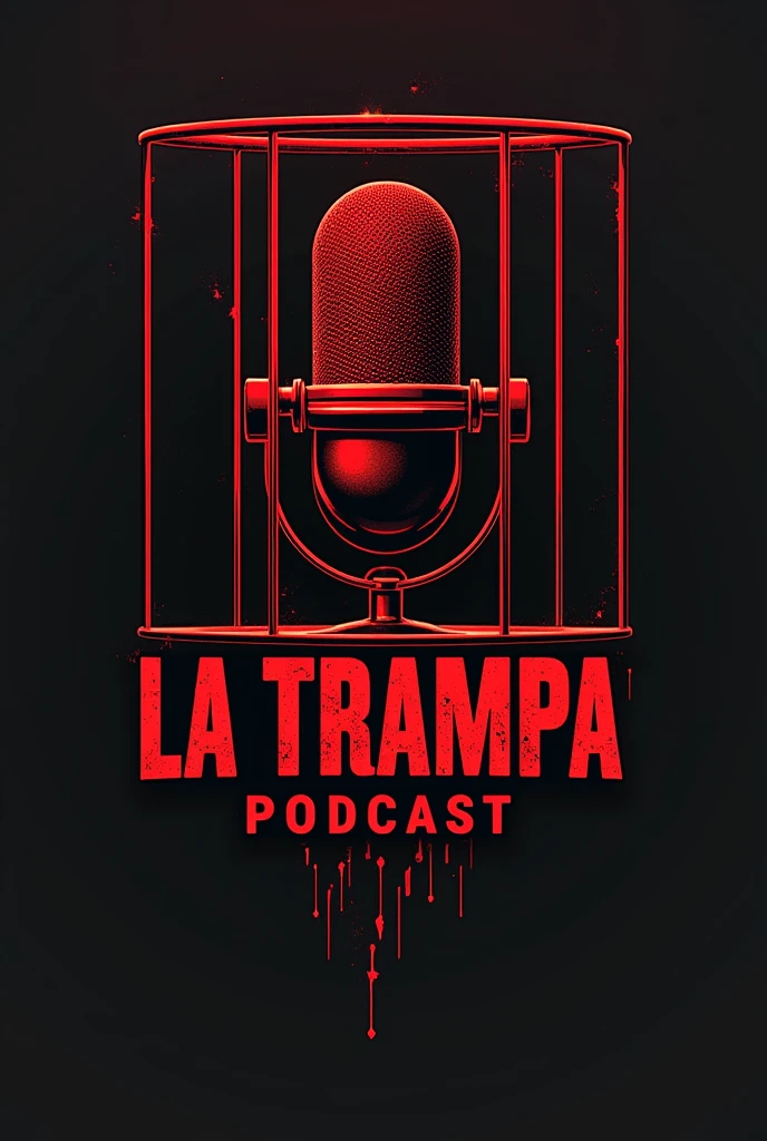 Create a logo with the word La Trampa podcast using a microphone in a cell with a trap, using the colors red and black